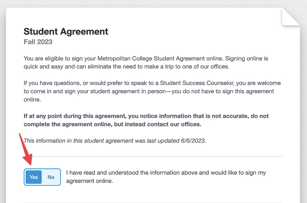First screen of the agreement