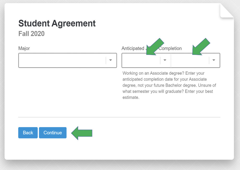 Screenshot of agreement screen with major and anticipated graduation drop-downs