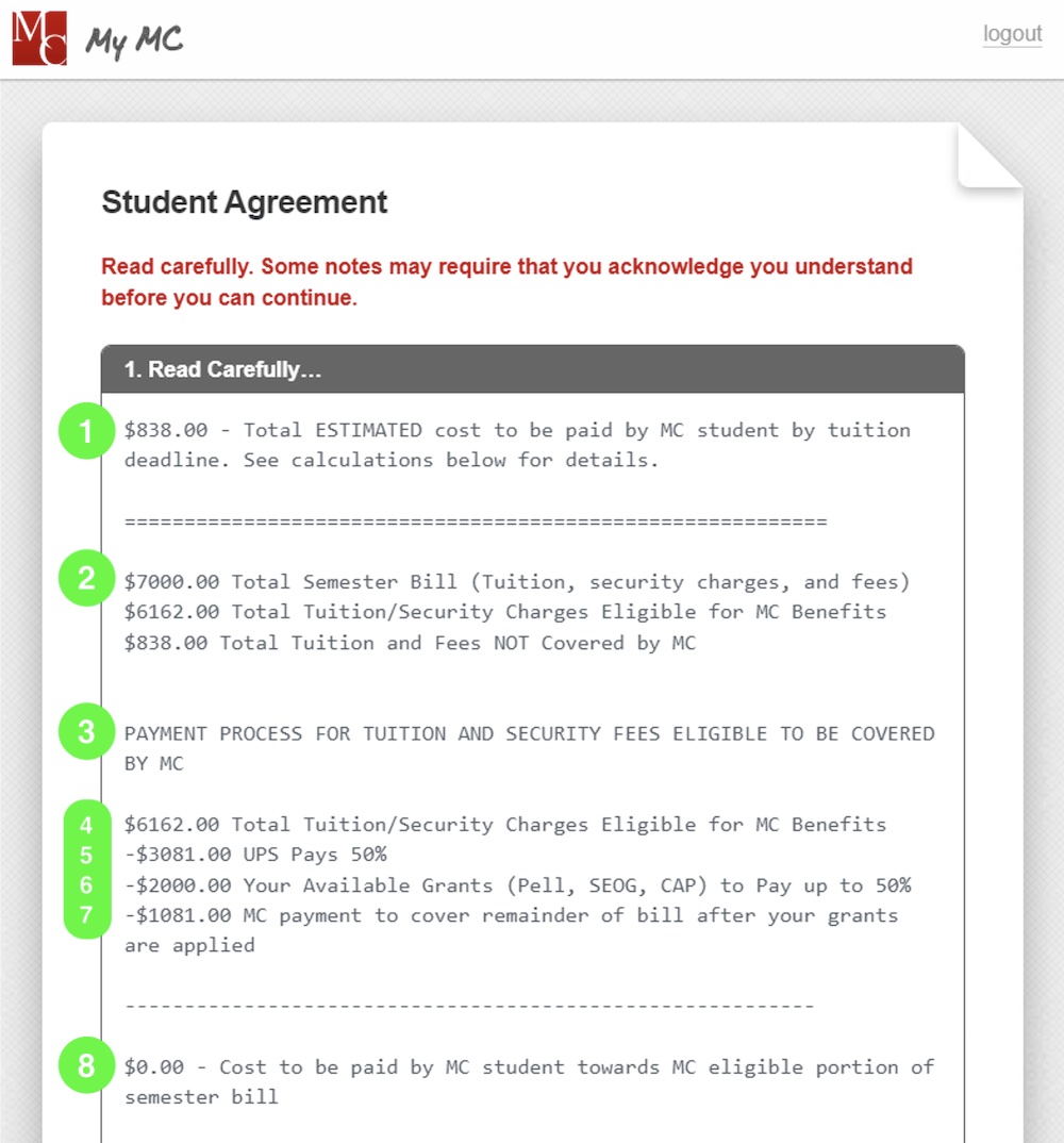 Screenshot of student account note