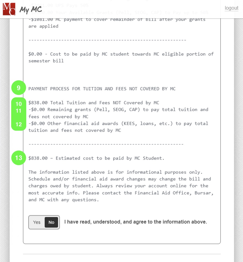 Screenshot of student account note