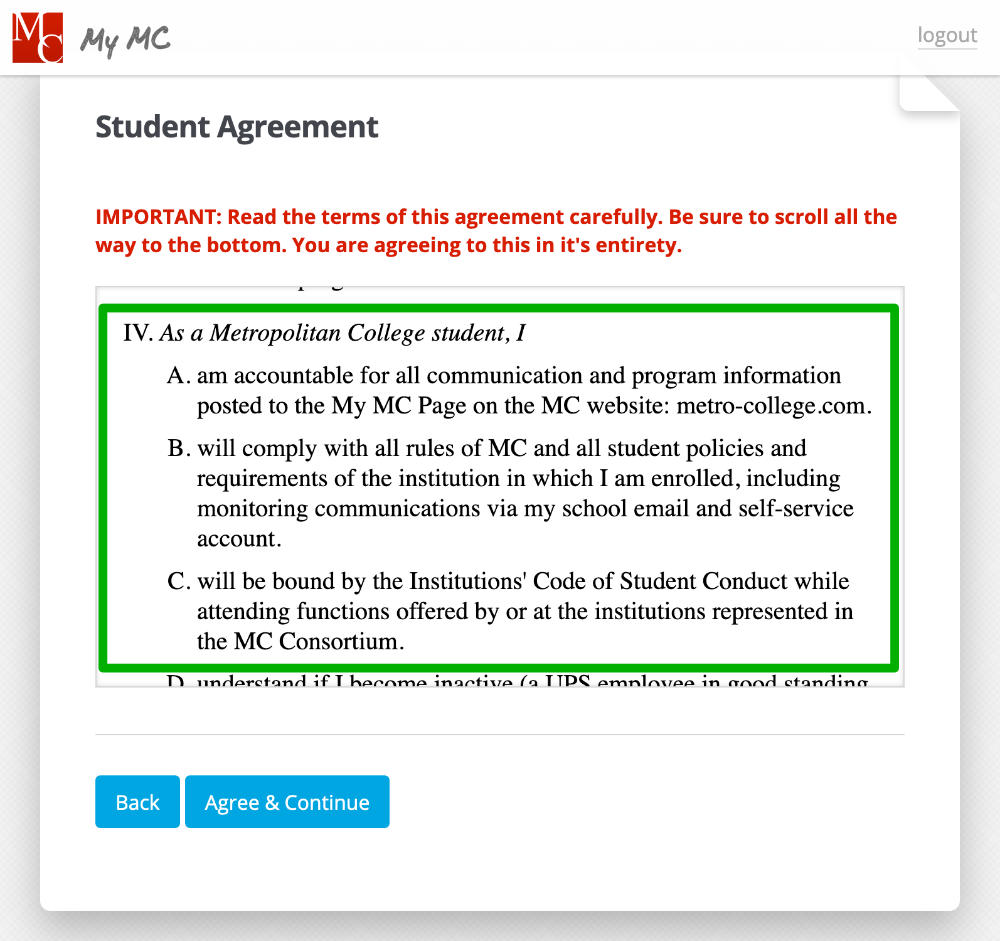 Screenshot of agreement terms 4A-C