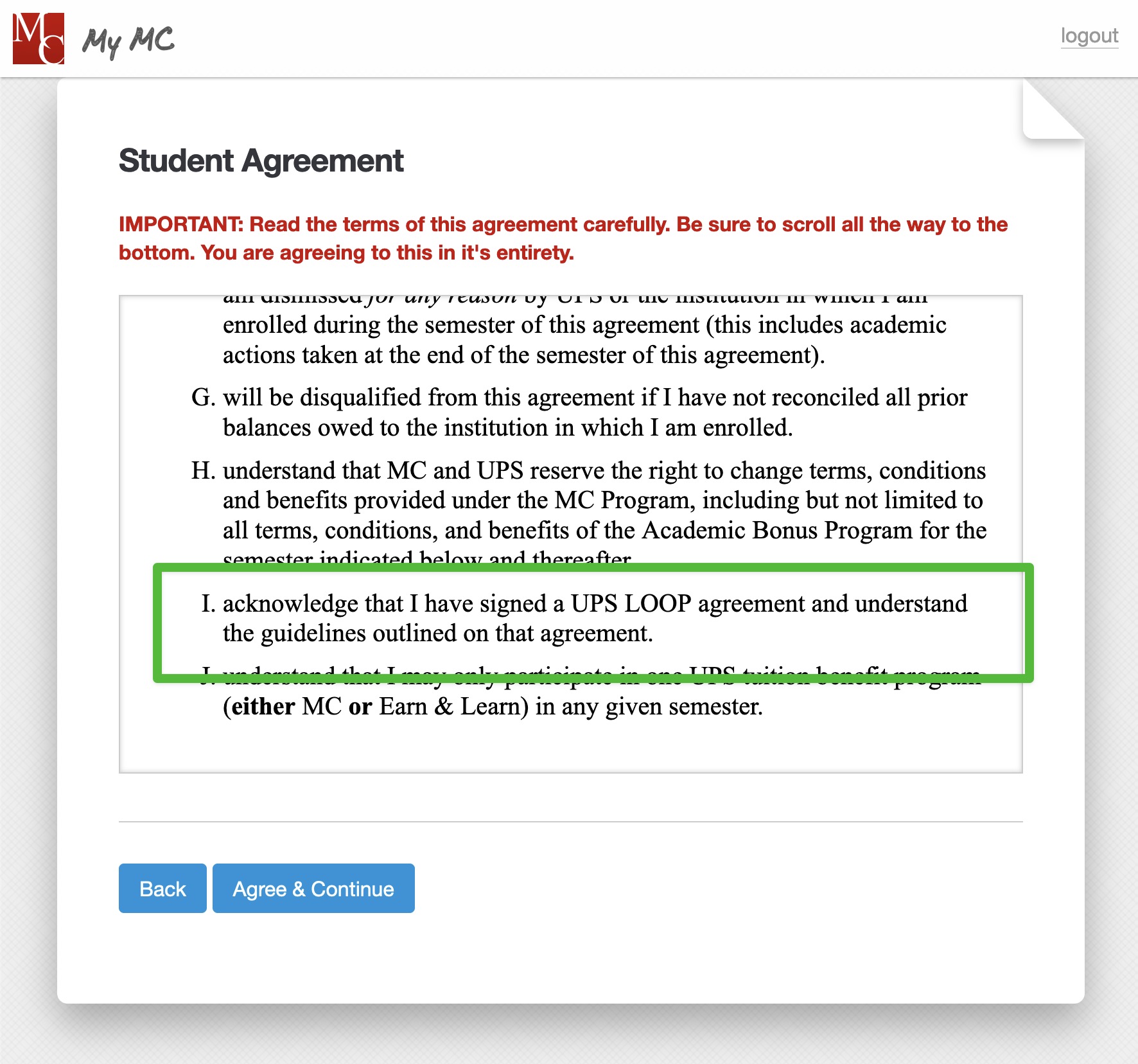 Screenshot of agreement terms 4I