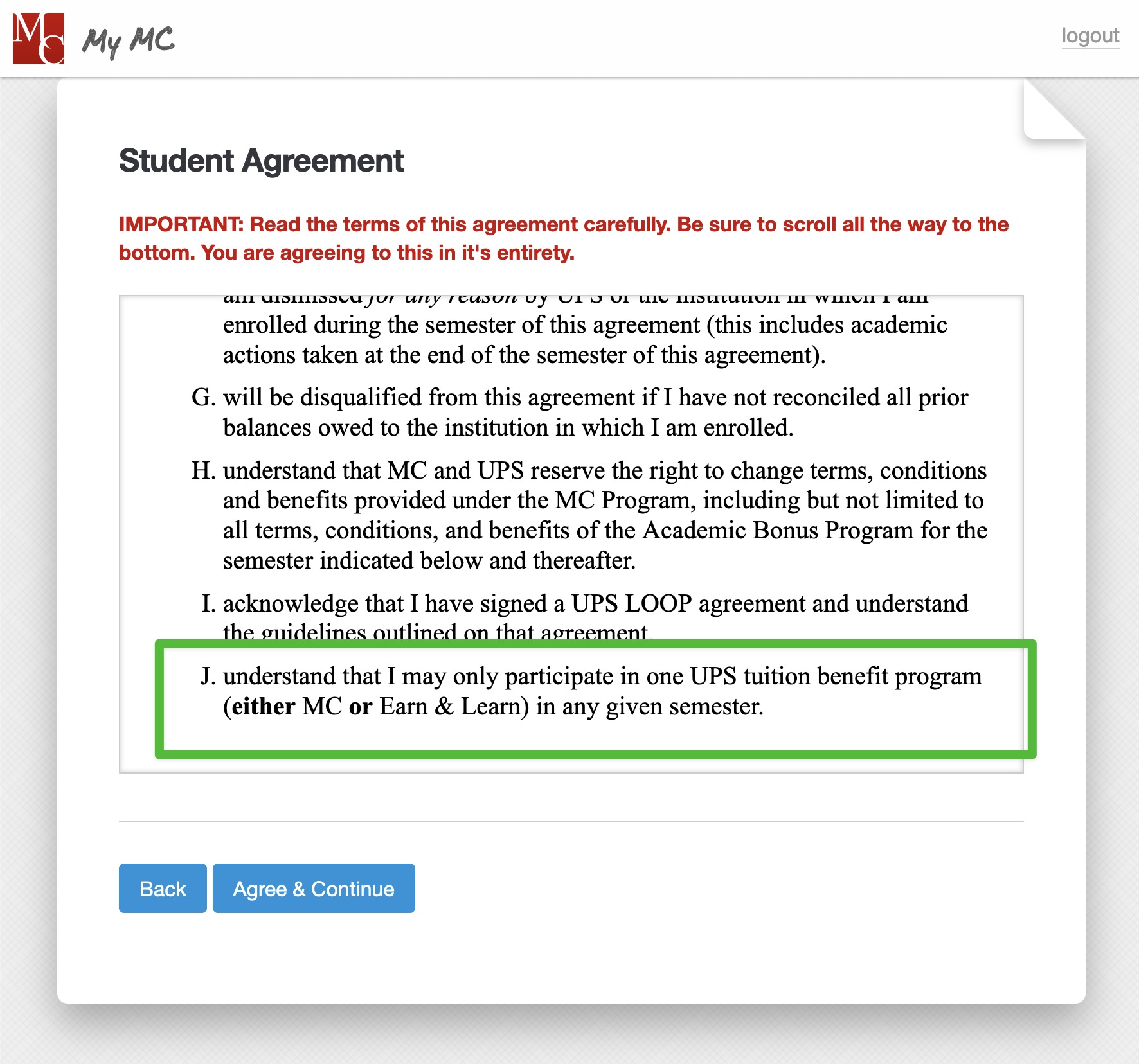 Screenshot of agreement terms 4J