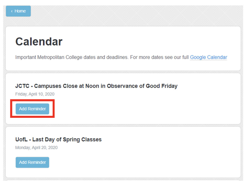 MyMC calendar page with Add Reminder button highlighted