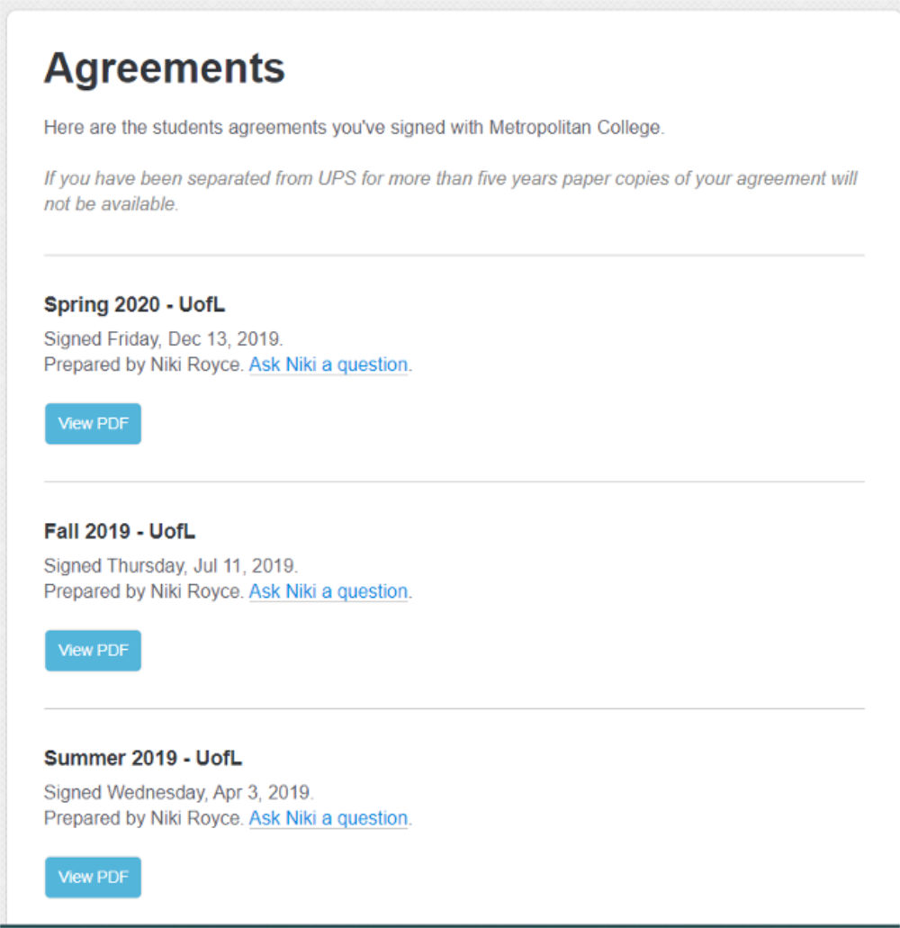 MyMC page with agreement details highlighted