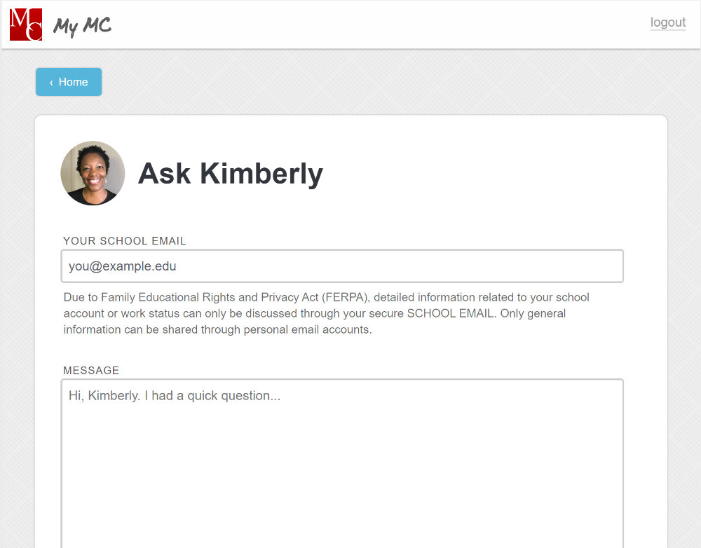 MyMC page showing Ask a Counselor section