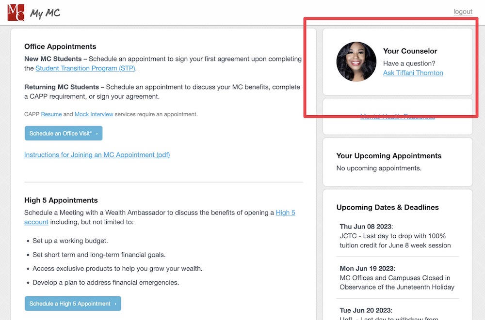 MyMC page showing student's cohort counselor