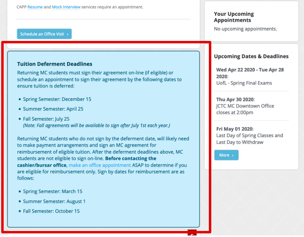 MyMC page with tuition deferment deadlines highlighted