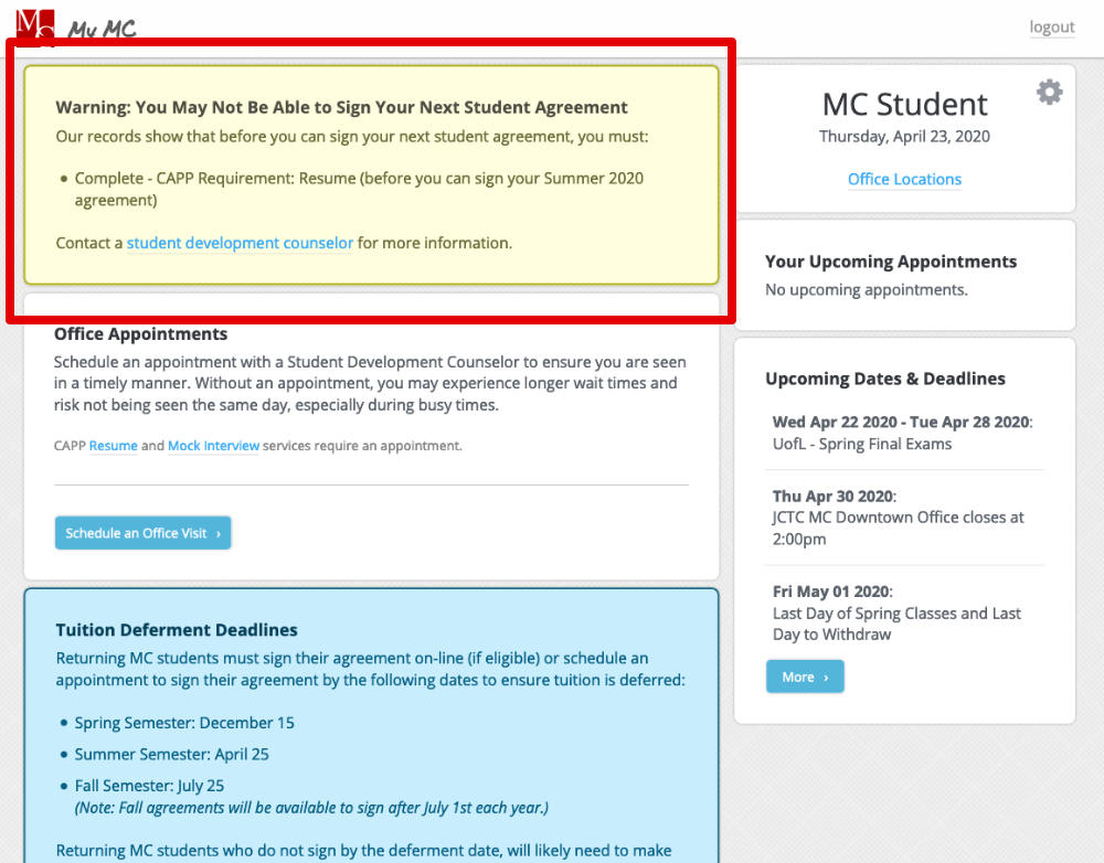 MyMC page with warning box highlighted