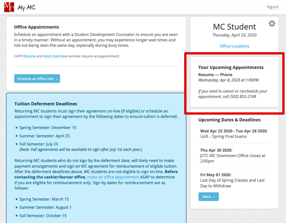 MyMC page with upcoming appointments box highlighted