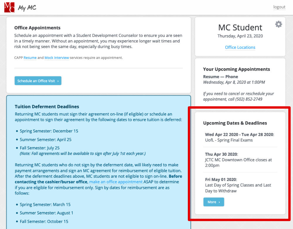 MyMC page with upcoming dates box highlighted